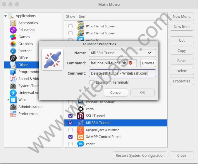 Add scripts to the Start menu of Linux Mint item for the menu delete ssh tunnel