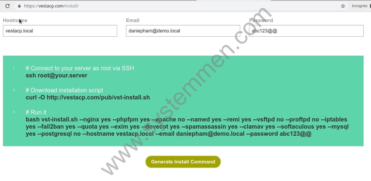How to install VestaCP in CentOS 7 generate the command to install vestacp