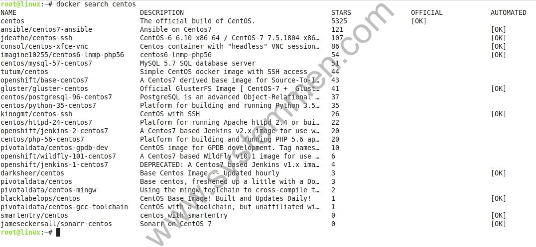 user docker search command to search centos image