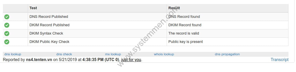test result show that DKIM has been set up correctly