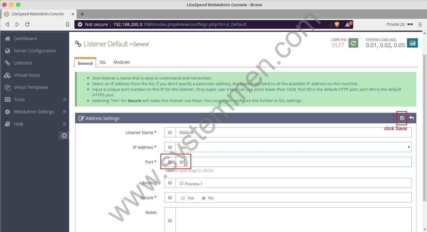 OpenLiteSpeed change default port 8088 to 80